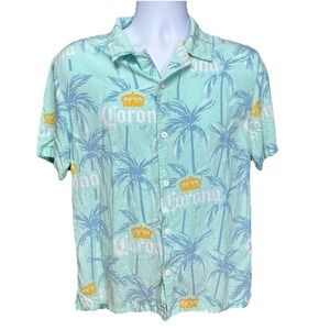 Corona Beer Men's Button Down Aloha Hawaiian Shirt  Small Palm Trees Beach